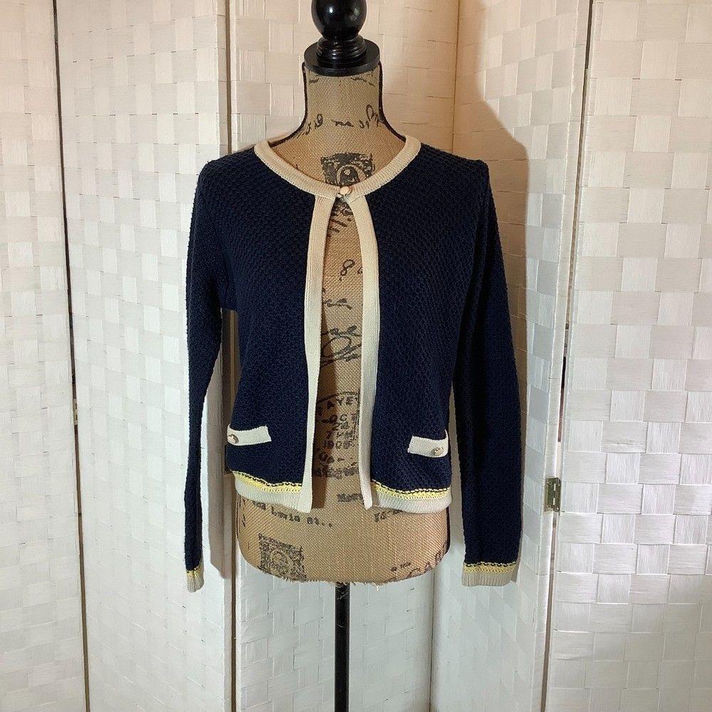 Laura Scott navy, beige, yellow cardigan sweater size small petite